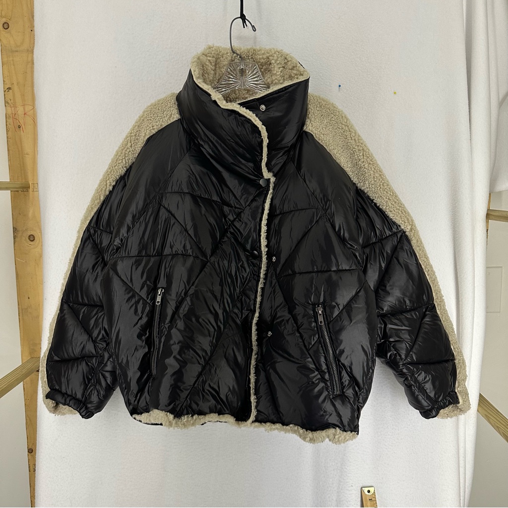 Heartloom Solas Winter Mixed Sherpa Puffer Jacket Womens Large Black Beige